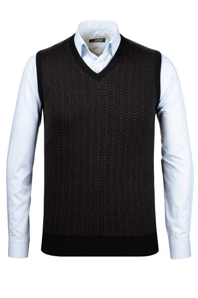 Çizgi Triko Men's V-Neck Line Knitwear Sweater - Colorful Patterned, Steel Knit, Classic Fit - 5010H