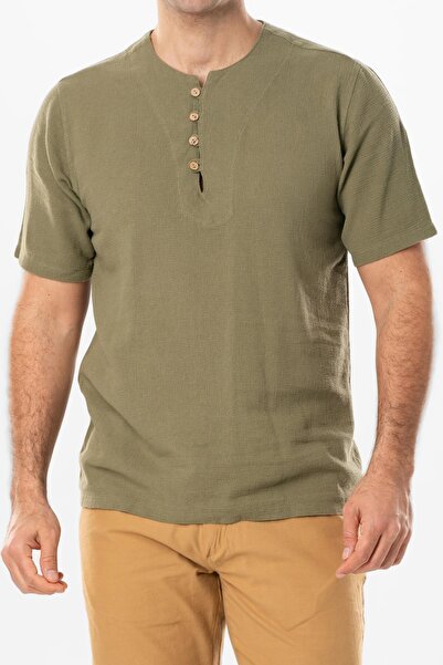 Eliş Şile Bezi Ανδρικό καλοκαιρινό μπλουζάκι με κοντό μανίκι βιολετί κουμπιά Halicarnassus Khaki Hk