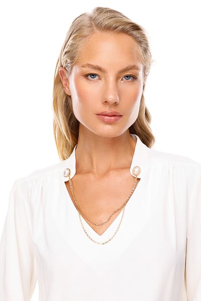 Ekol V-Neck Chain Detailed Women's Blouse - 2001 Ecru