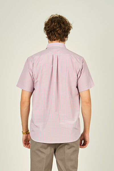 MUGİ Mugi Men's Patterned Single Pocket Short Sleeve Cotton Shirt 3001 Red