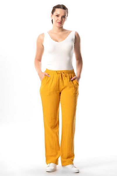 Eliş Şile Bezi Mustard Muslin Women's Summer Trousers - Lace-Up Waist, Double Pocket