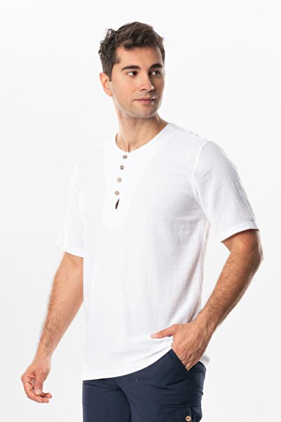 Eliş Şile Bezi Ανδρικό καλοκαιρινό μπλουζάκι με κοντό μανίκι βιολετί κουμπιά Halicarnassus White Byz