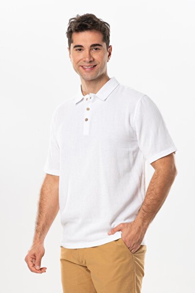 Eliş Şile Bezi Ανδρικό καλοκαιρινό μπλουζάκι με κοντό μανίκι Foça Buttoned White Byz