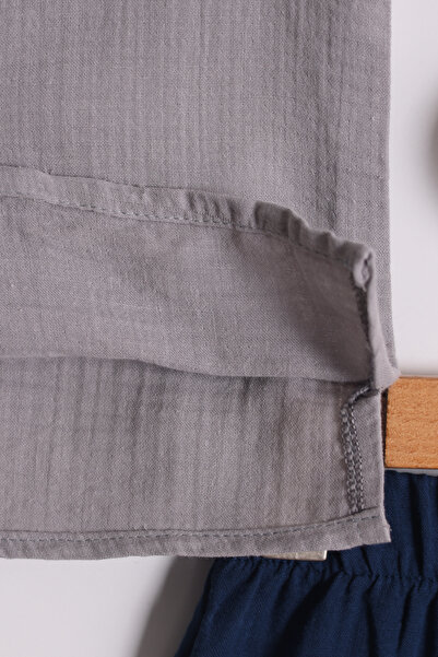 Pollito Boy's Shirt Collar P Embroidered Muslin Top and Bottom Set of 2