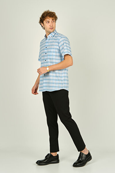 MUGİ Mugi Чоловіча сорочка в смужку з одним кишенею та короткими рукавами, 100% бавовна, 3010, синя