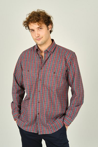 MUGİ Mugi Men's Plaid Long Sleeve Double Pocket 100% Cotton Shirt 1001 Red