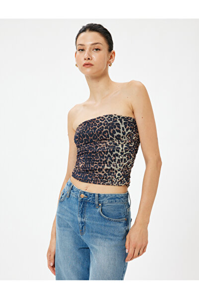 Koton Tulle Draped Leopard Print Crop Top