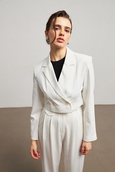 YOUR NAME Double Breasted Collar Padded Crop White Women's Blazer Jacket
