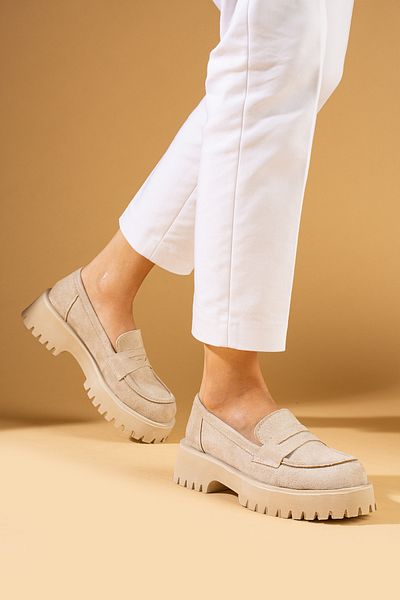 Pembe Potin Γυναικεία Μπεζ Nubuck Loafer Moccasin Casual Buckle Daily άνετα παπούτσια σόλας