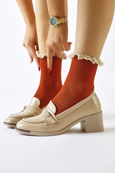 Limoya Luba Beige Patent Leather Buckle Detailed Short Heeled Women's Casual Shoes