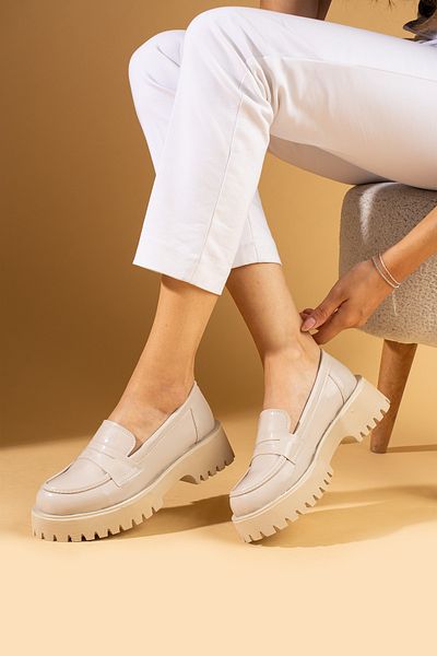 Pembe Potin Γυναικεία μπεζ λουστρίνι Loafer Moccasin Casual Buckle Daily Comfortable Sole Παπούτσια