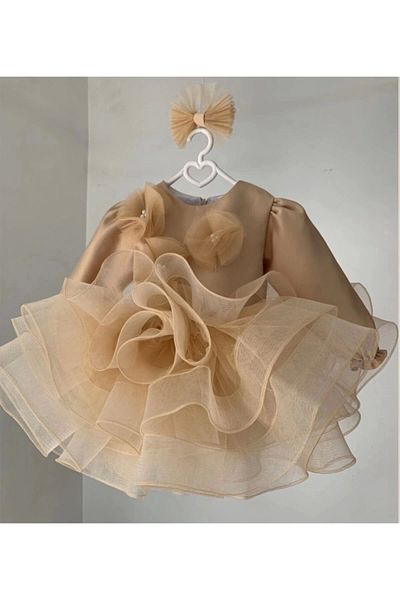 ELLUSSİ Girl's Beige Pearl Rose Detailed Extra Fluffy Dress