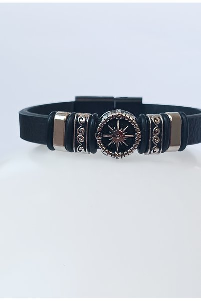 Aksesuar Men's Leather Sailor Compass Bracelet, Men's Casual Bracelet with Magnet Lock