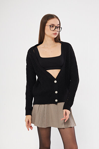 Kutaf Siyah Basic V Yaka Triko Hırka