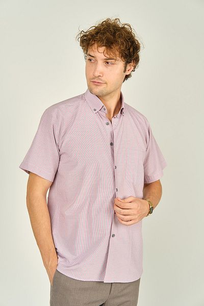 MUGİ Mugi Men's Patterned Single Pocket Short Sleeve Cotton Shirt 3001 Red