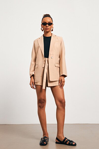 YOUR NAME Kruvaze Yaka Bej Kadın Blazer Ceket