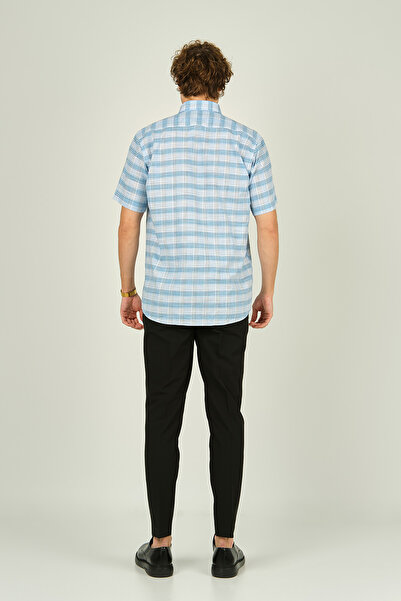 MUGİ Mugi Чоловіча сорочка в смужку з одним кишенею та короткими рукавами, 100% бавовна, 3010, синя