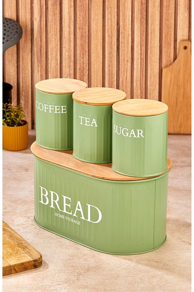 hemlife Metal Bread Bowl with Wooden Lid, Tea, Coffee, Sugar Set of 4 Green/Wood