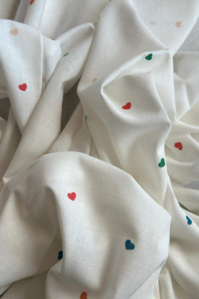Doray Kumaş Minik Kalp Desenli Pamuk Keten Kumaş / DRY 148