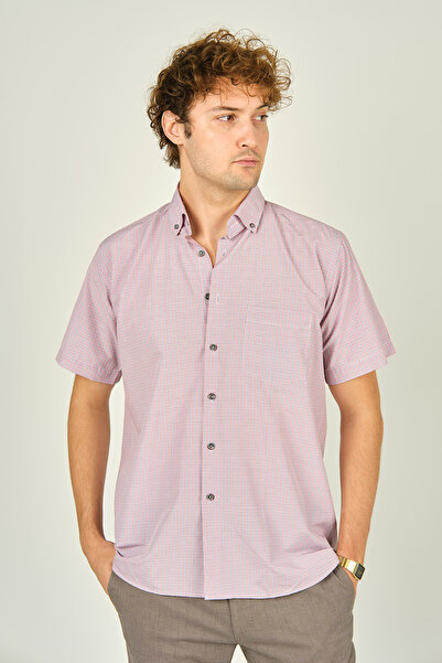 MUGİ Mugi Men's Patterned Single Pocket Short Sleeve Cotton Shirt 3001 Red