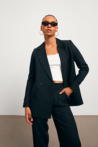 YOUR NAME Jachetă neagră de in pentru femei cu guler dublu