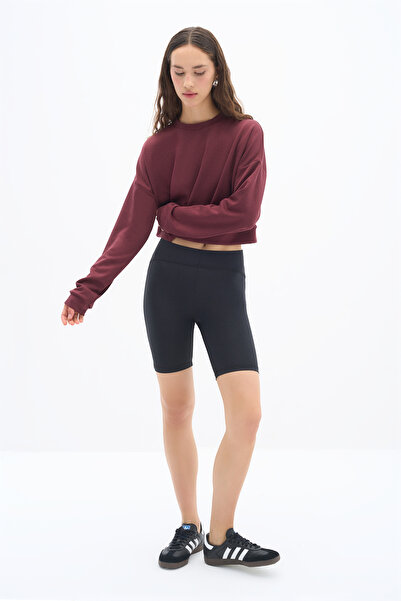 Wear Three Points Flow - Fitilli Modal Kumaş Comfort Fit Basic Bisiklet Yaka Bordo Sweatshirt