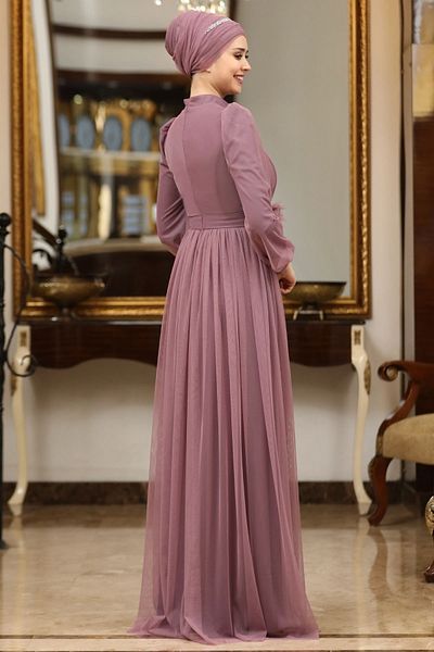 DENİMİNİ Plus Size Pleated and Tulle Jewel Detailed Hijab Evening Dress - Dnmsn40