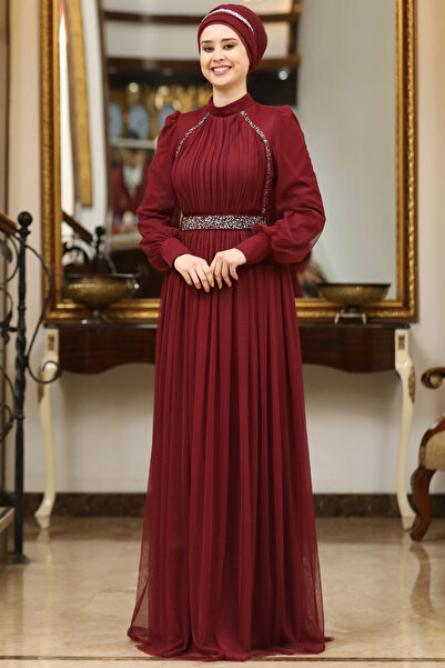 DENİMİNİ Piliseli Tül Taş Detaylı Büyük Beden Tesettür Abiye Elbise DNMSN40