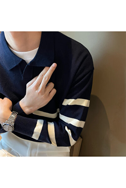 Kamalı Синій чоловічий поло з коміром у смужку, стильний трикотажний светр