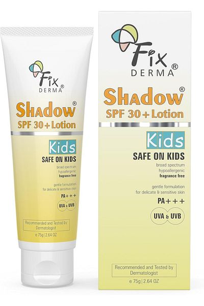 FixDerma Shadow Sunscreen SPF 30+ Lotion for Kids PA+++ | Broad Spectrum UV-A & B Protection 75gm