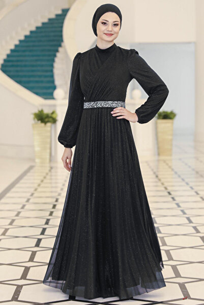 DENİMİNİ Eteği Piliseli Simli Tüm Büyük Beden Tesettür Abiye Elbise DNMSN44