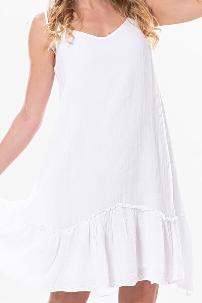 Eliş Şile Bezi Strappy Serra Flounced Short Summer Muslin Dress White White