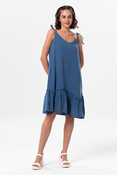 Eliş Şile Bezi Strappy Serra Flouncing Κοντό καλοκαιρινό μουσελίνα φόρεμα Indigo indg