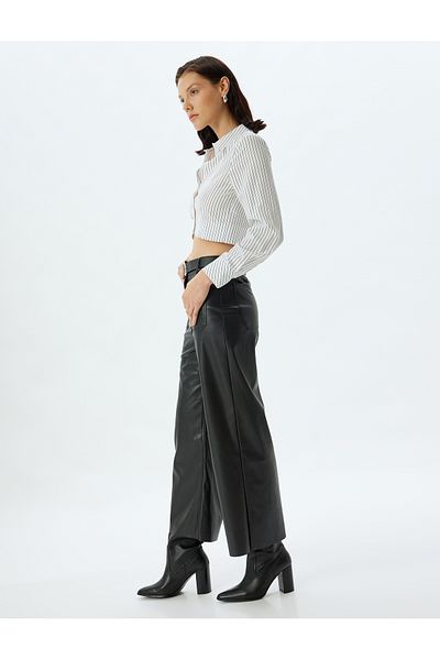 Koton Faux Leather Trousers with Wide Leg and Applique Pocket Detail