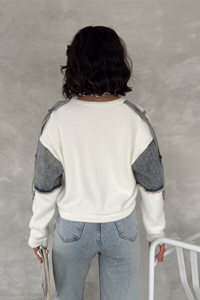 FEMELLE Women's White Design Jeans Detailed Bearded Knitwear Sweater