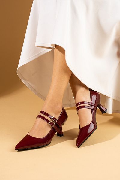 Pembe Potin Women's Claret Red Patent Leather Double Striped Marj Jane Classic Heel Shoes