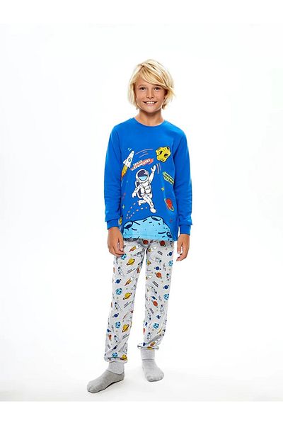 LC Waikiki Dark Blue Crew Neck Printed Long Sleeve Boy's Pajamas Set