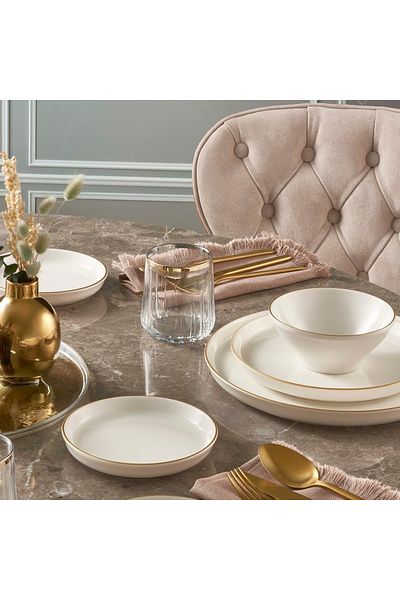 Güral Porselen Bilbao 4-Person Bone Dining Set - 16 Pieces, Matte Gold