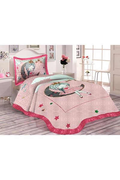 Doruklar Home Collection Țesătură din catifea umplută cu bumbac Moon Girl Model Camera copiilor Set cuvertură de pat matlasată de o persoană Drk0101