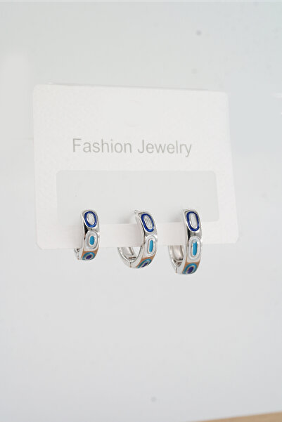 By Zeyna Aksesuar Kadın Vip Seri Mineli Nazar Motifli Helix Uyumlu 3'lü Halka Küpe 1cm 1.5cm Ve 2 Cm