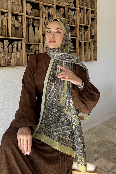 lamelif.com Şal cu model retro din bumbac - verde ulei