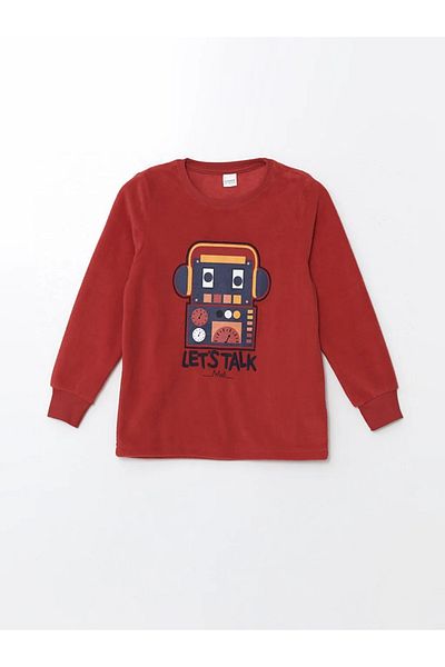 LC Waikiki Lcw Kids Vibrant Red Crew Neck Embroidered Long Sleeve Fleece Boy Pajamas Set