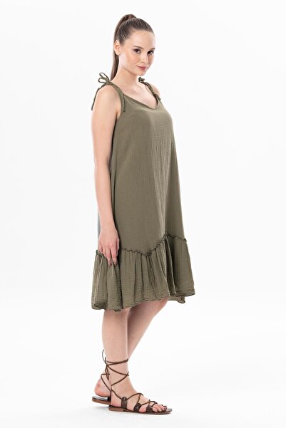 Eliş Şile Bezi Strappy Serra Flounced Short Summer Muslin Dress Khaki Hk