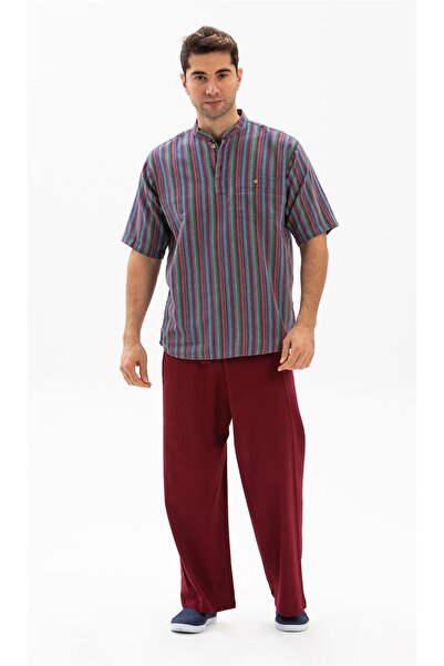 Eliş Şile Bezi Men's Summer T-Shirt - Short Sleeve, Single Pocket, Prevailing Collar, Purple Striped 3072