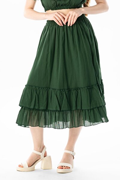Eliş Şile Bezi Lavinya Elastic Waist Voile Long Summer Skirt Green Ysl