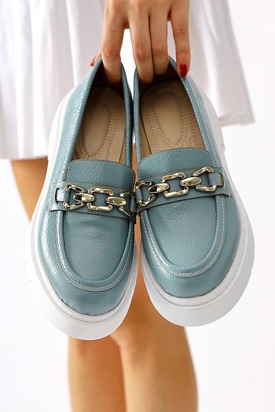 Limoya Roxne Turquoise Wrinkled Patent Leather Buckle Detailed Moccasin, Women's Loafer Shoes