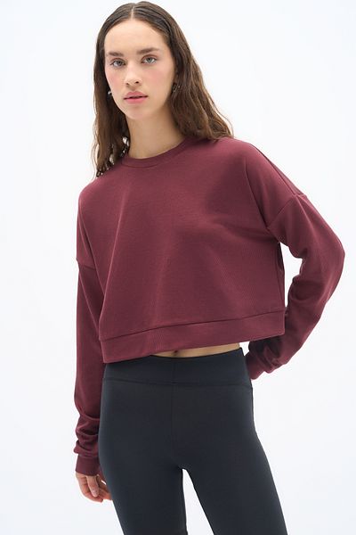 Wear Three Points Flow - Ribbed Modal Fabric Comfort Fit Basic Crew Neck Burgundy Sweatshirt