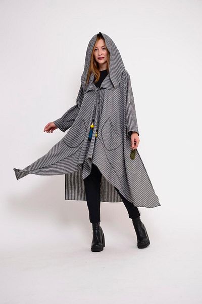 Bohem Stil Women's Anthracite Witch Hooded Tassel Boho Cap Jacket