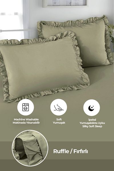 Evlen Home Collection Zelená dvojitá 4dílná sada měkkých přikrývek Barella – volánky z bavlny a kamene