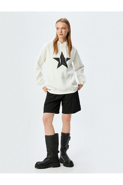 Koton Oversize Hooded Long Sleeve Sweatshirt - Raised Back Printed